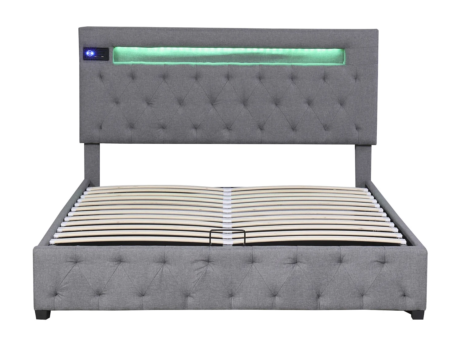 Lit coffre 140x200cm - lit double avec sommier à lattes en bois et tête de lit LED réglable avec recharge USB - gris