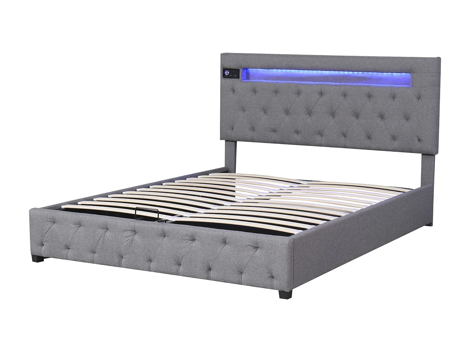 Lit coffre 140x200cm - lit double avec sommier à lattes en bois et tête de lit LED réglable avec recharge USB - gris