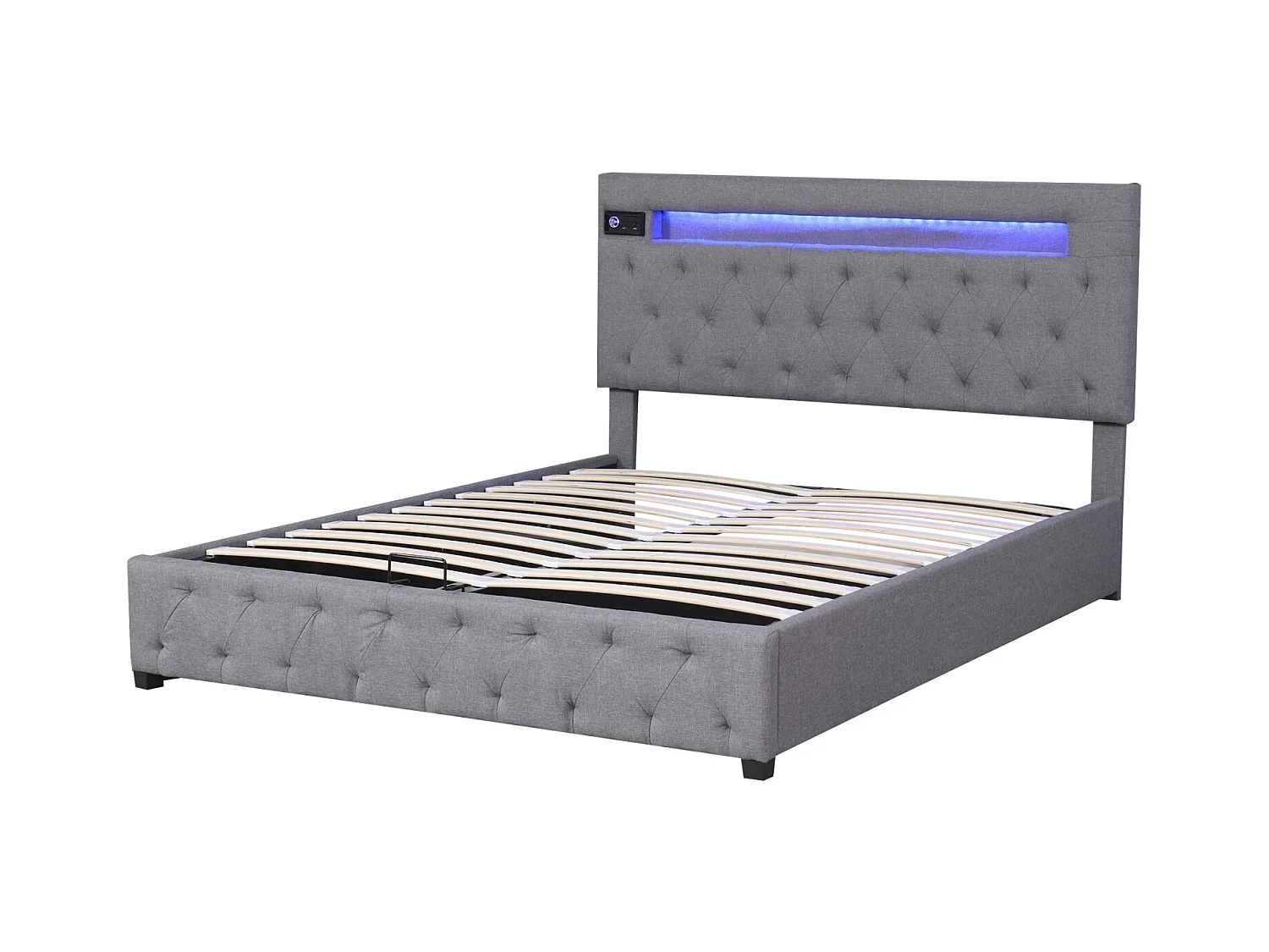 Lit coffre 140x200cm - lit double avec sommier à lattes en bois et tête de lit LED réglable avec recharge USB - gris