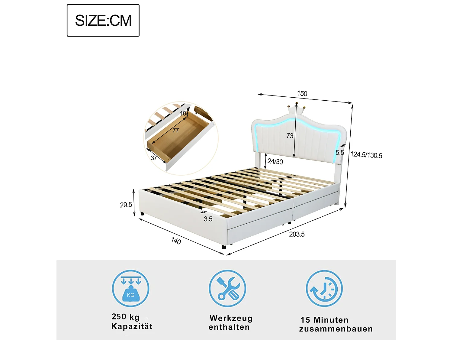 LED-volwassenbed met 4 lades, lattenbodem en kroonhoofdeinde, PU-leer, wit 140x200cm