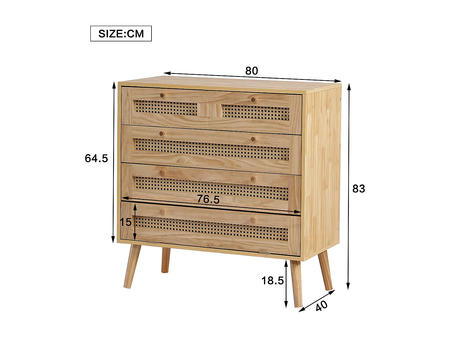 Commode à 4 niveaux, avec 3 tiroirs, poignée en métal, pied en bois, designe en rotin, 80x40x83cm, naturel