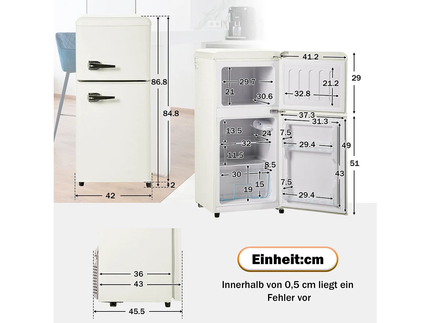 Réfrigérateur rétro. Réfrigérateur-congélateur combiné avec un volume total de 60 litres, un volume de congélateur de 22 litres