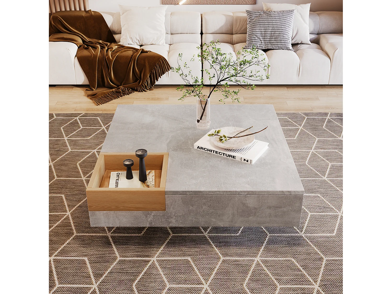 Vierkante salontafel 72x72x30 cm, salontafel, bijzettafel met uitneembare opbergdoos, grijze kleur