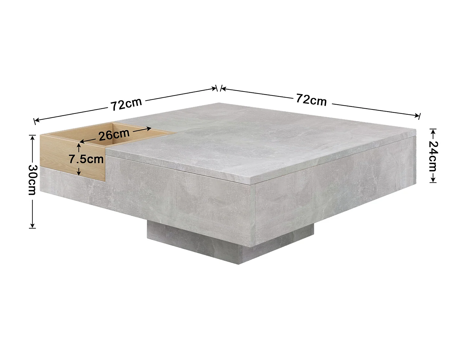 Tavolino quadrato 72x72x30 cm, tavolo da soggiorno, tavolino laterale con contenitore estraibile, colore grigio