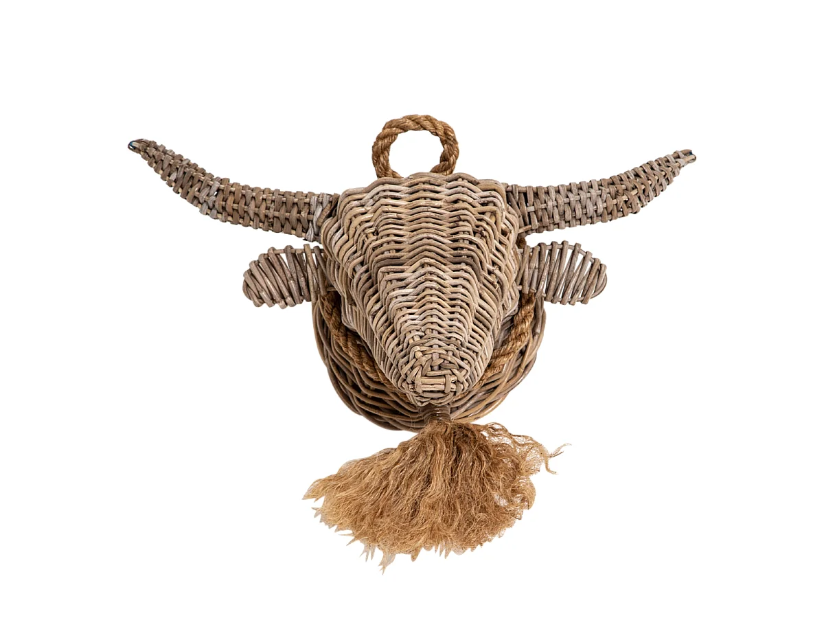 Decoración mural de cabeza de toro en ratán Rattan - Tonos luminosos para una pieza única