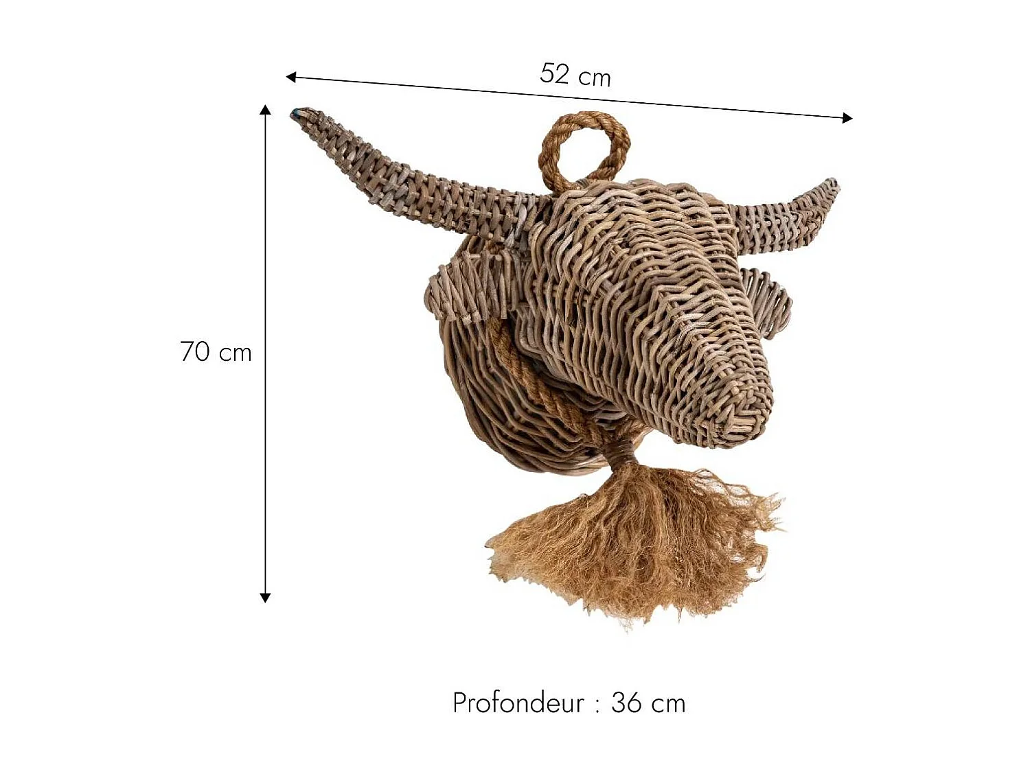 Decoración mural de cabeza de toro en ratán Rattan - Tonos luminosos para una pieza única