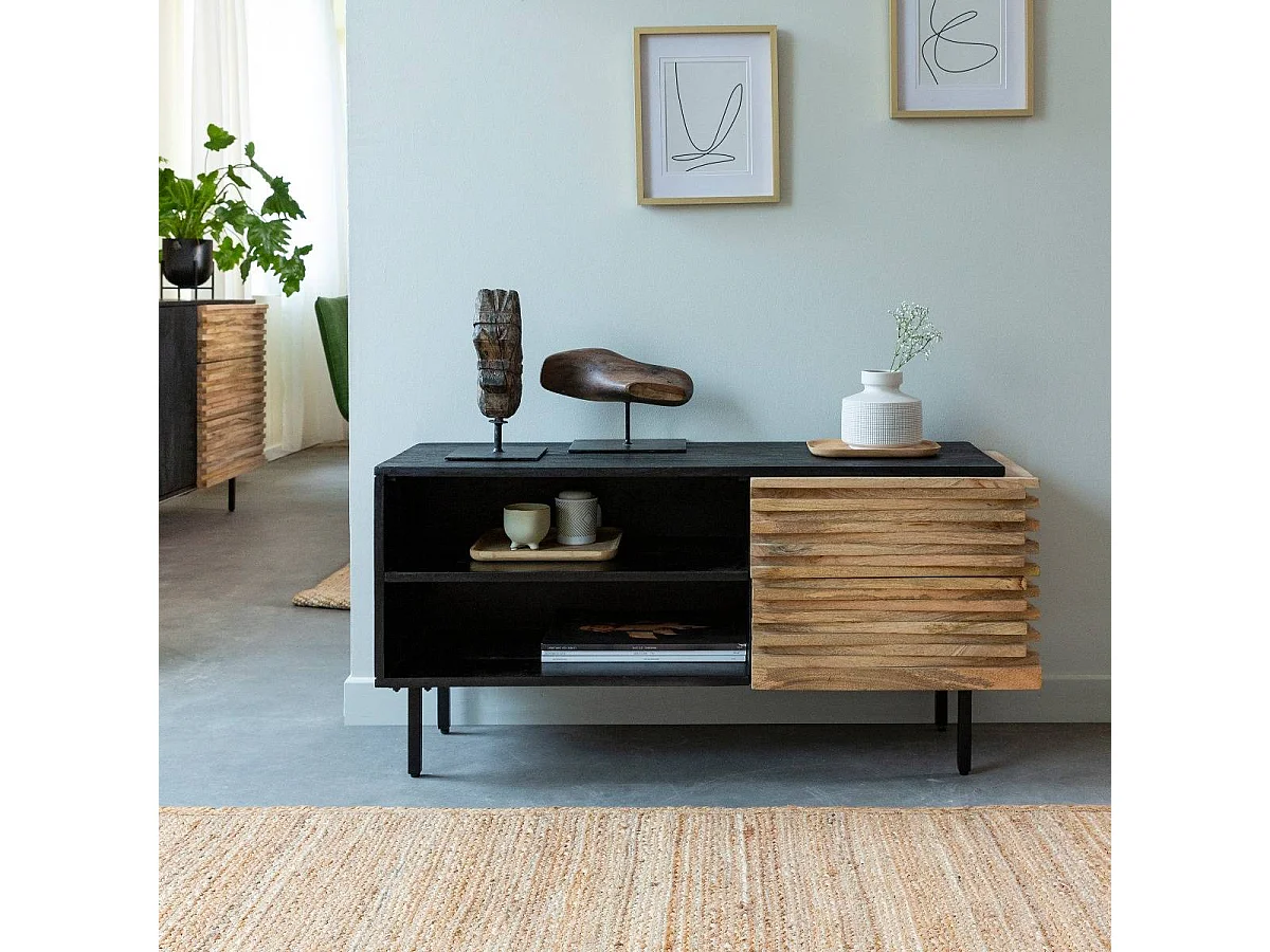 Mueble de TV de madera de mango Tino con almacenamiento y diseño contemporáneo