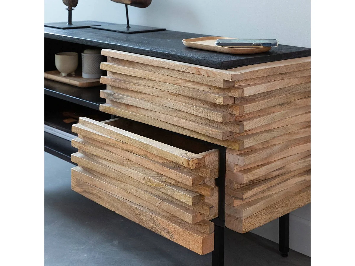 Mueble de TV de madera de mango Tino con almacenamiento y diseño contemporáneo