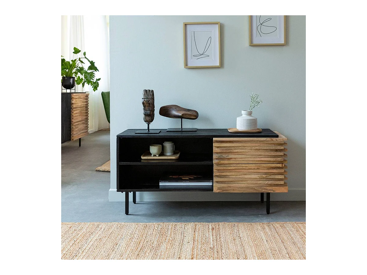 Mueble de TV de madera de mango Tino con almacenamiento y diseño contemporáneo
