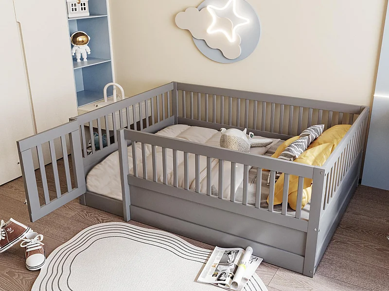 Lit enfant 140x200cm en bois avec une porte - sans sommier à lattes - Gris