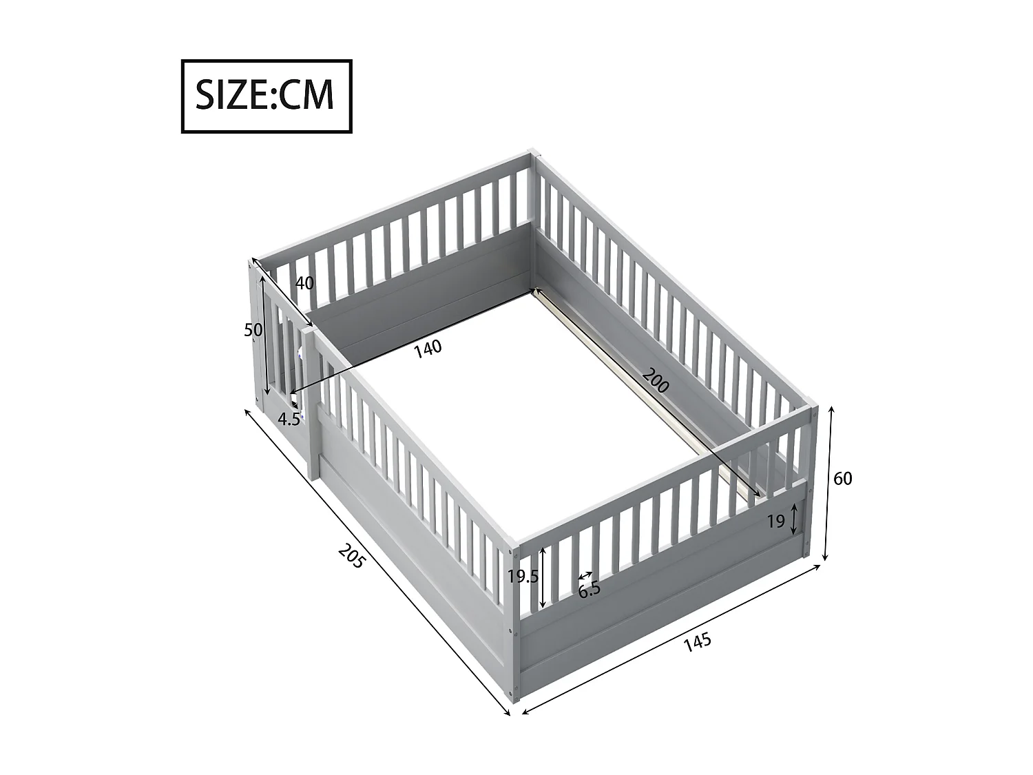 Houten kinderbed 140x200cm met één deur - zonder lattenbodem - Grijs