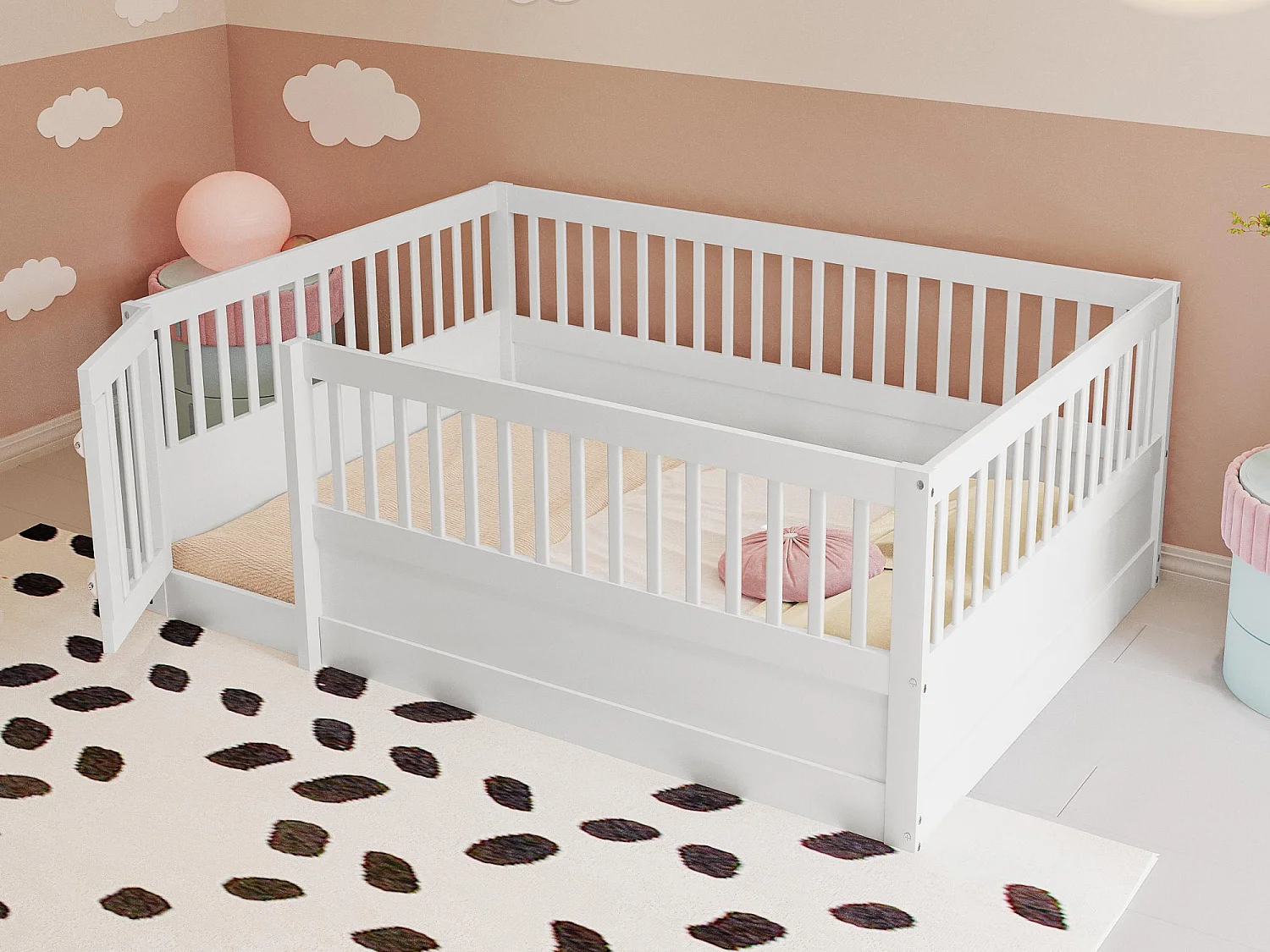 Lit enfant 140x200cm en bois avec une porte - sans sommier à lattes - Blanc