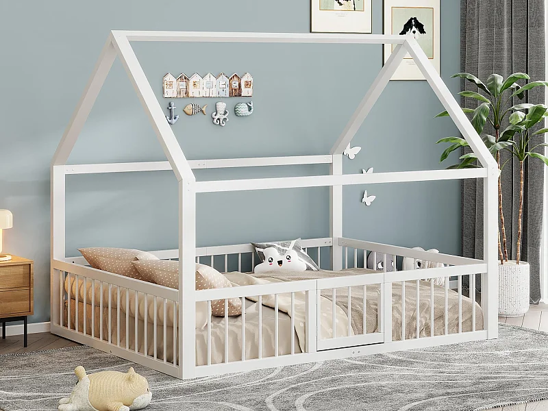 Łóżko piętrowe 140x200cm z metalu - z barierkami i drzwiami - Białe