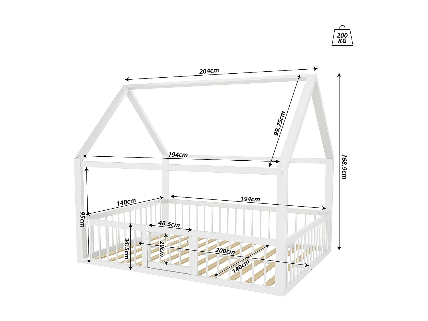 Lit cabane 140x200cm en métal - avec barrières et une porte - Blanc
