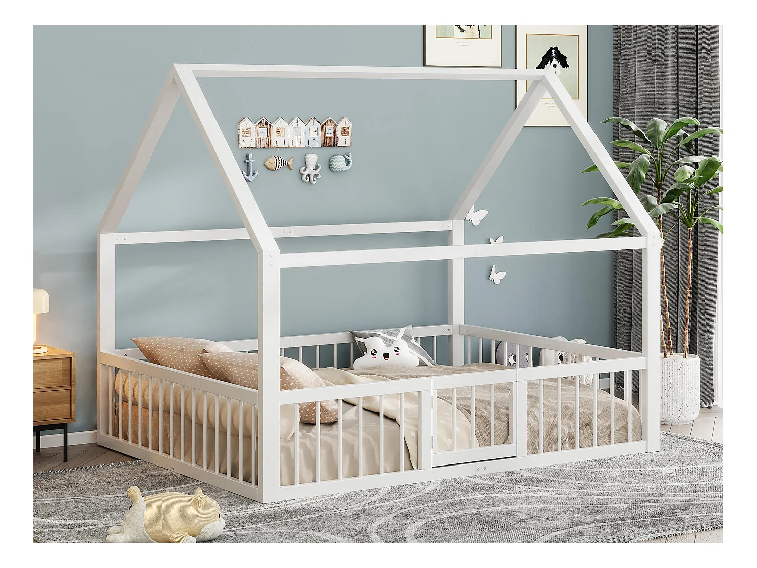 Lit cabane 140x200cm en métal - avec barrières et une porte - Blanc