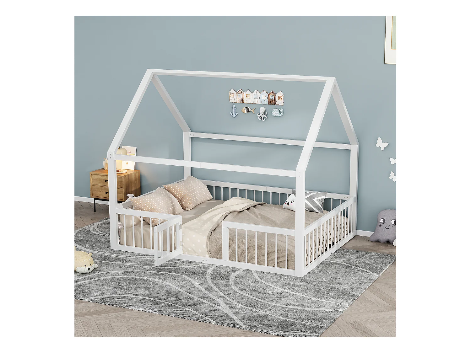 Lit cabane 140x200cm en métal - avec barrières et une porte - Blanc