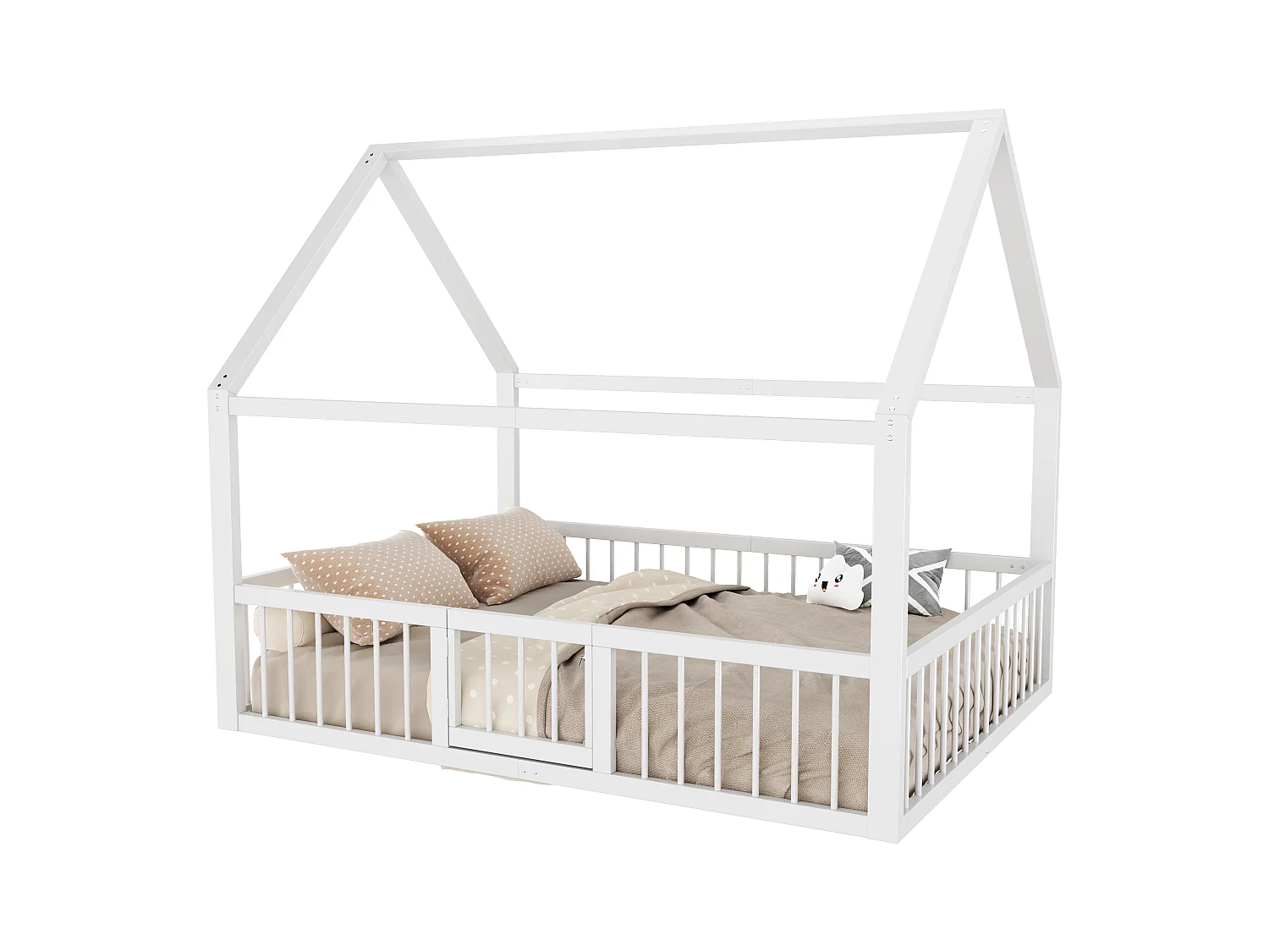 Lit cabane 140x200cm en métal - avec barrières et une porte - Blanc