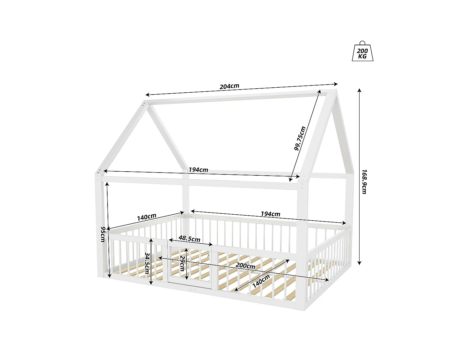 Lit cabane 140x200cm en métal - avec barrières et une porte - Blanc