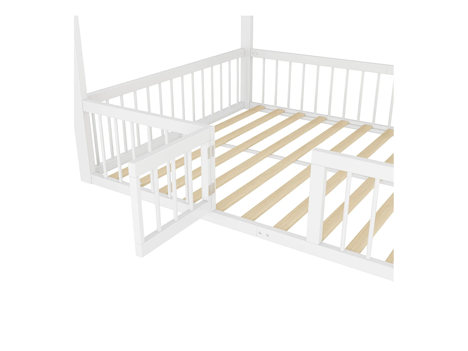 Lit cabane 140x200cm en métal - avec barrières et une porte - Blanc