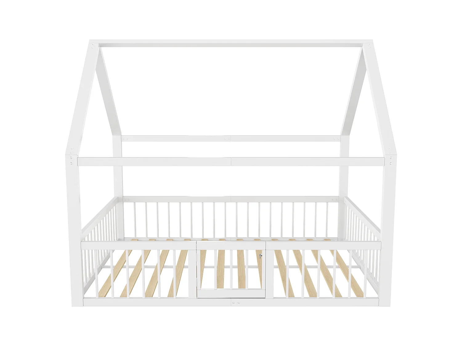 Lit cabane 140x200cm en métal - avec barrières et une porte - Blanc