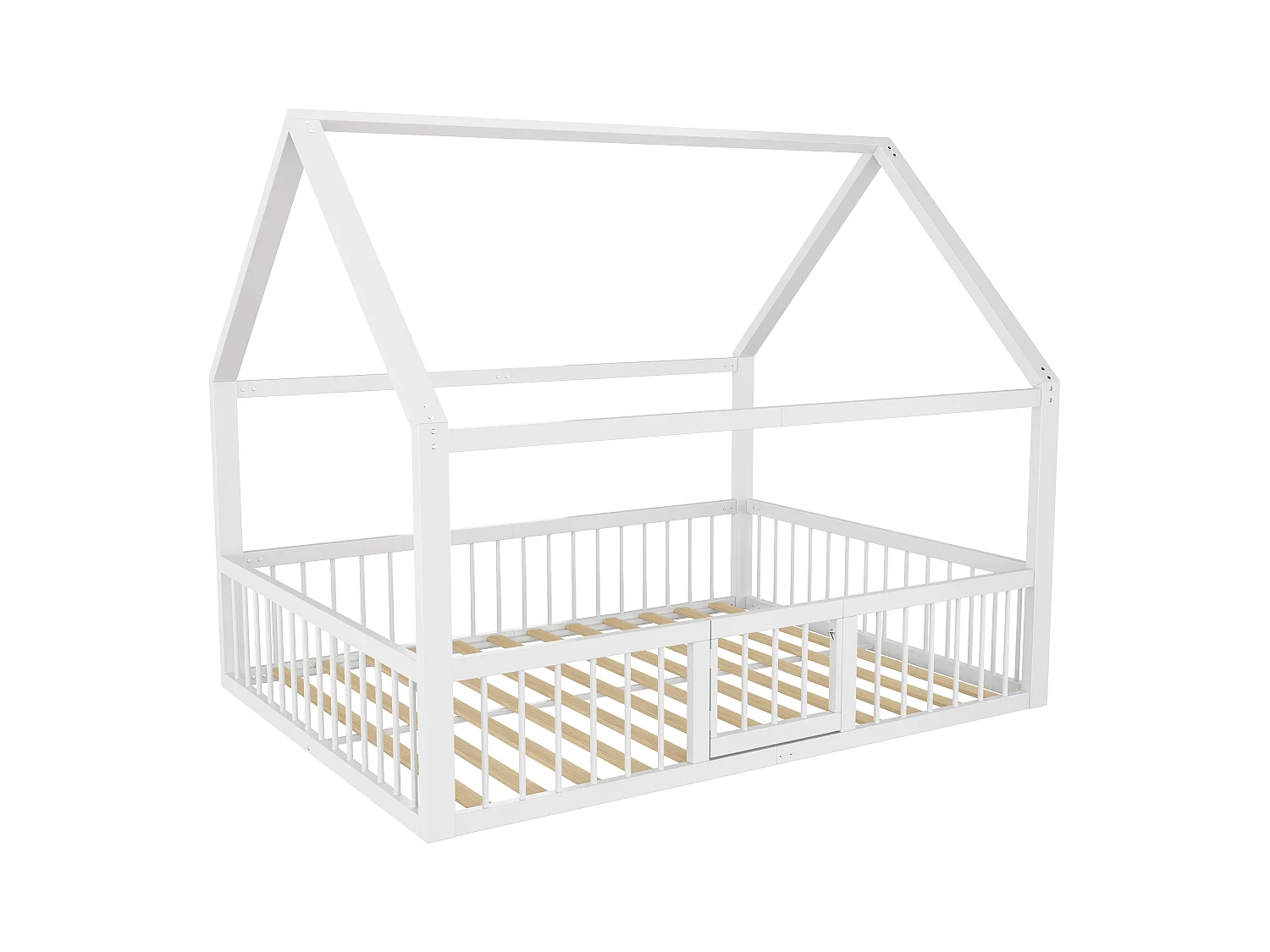 Lit cabane 140x200cm en métal - avec barrières et une porte - Blanc