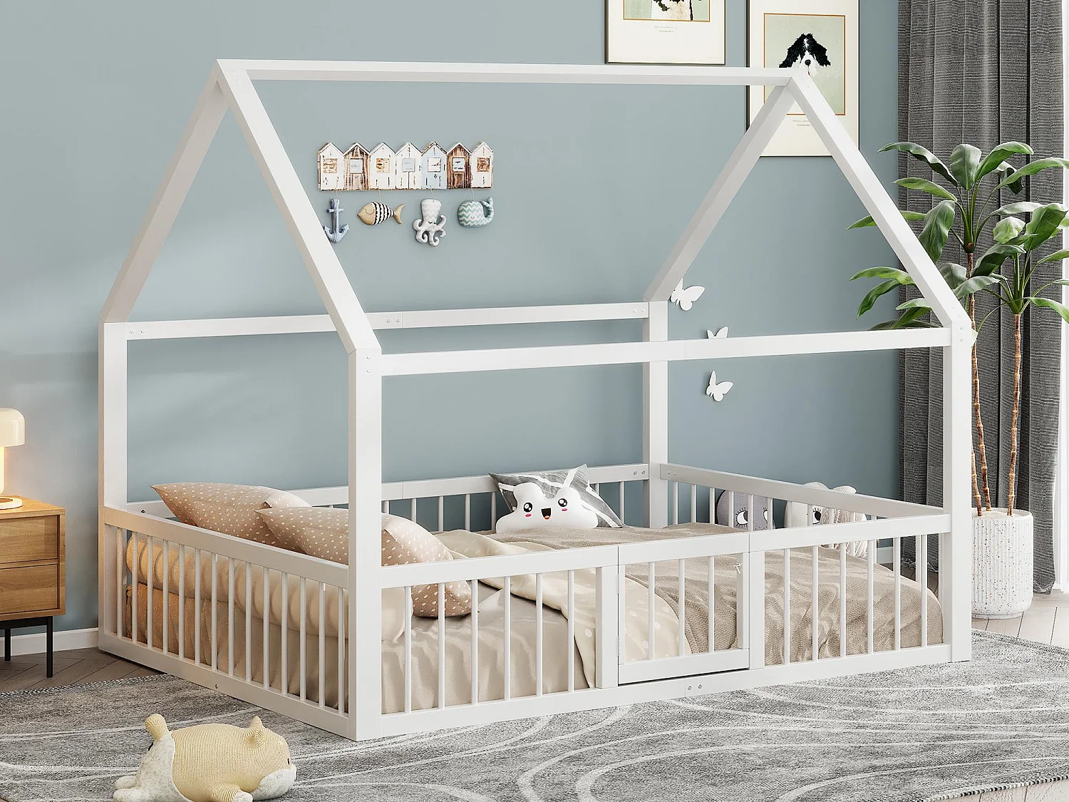 Lit cabane 140x200cm en métal - avec barrières et une porte - Blanc