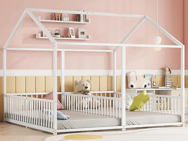 Cama cabine em ferro 2x90x200cm - com teto e base de ripas - Branca