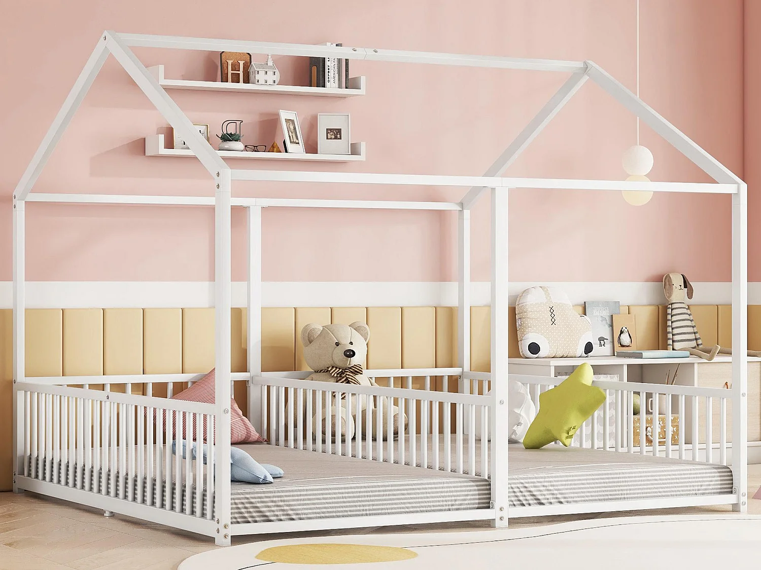 Cama cabine em ferro 2x90x200cm - com teto e base de ripas - Branca