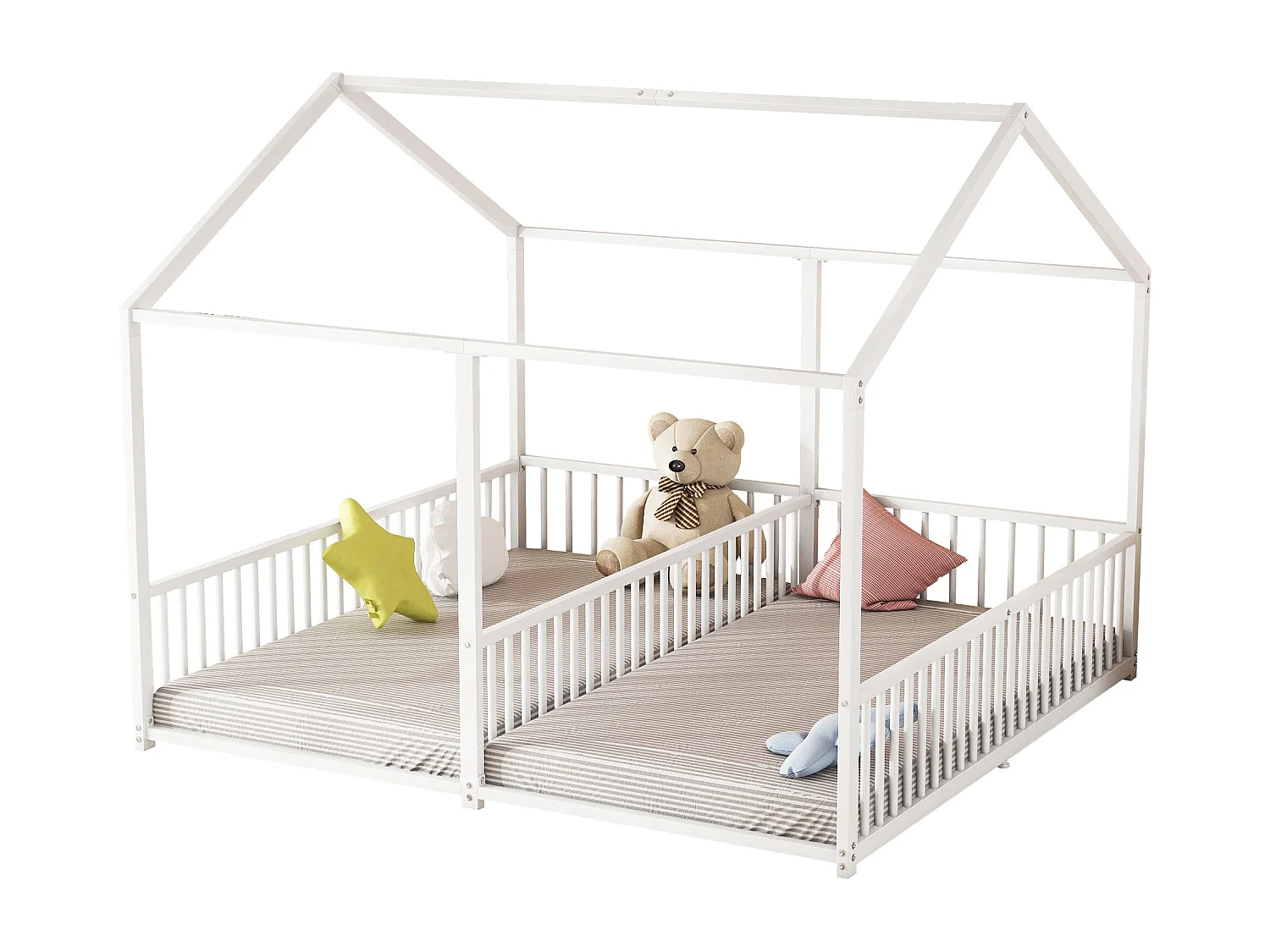 Lit cabane en fer 2x90x200cm - avec toit et sommier à lattes - Blanc