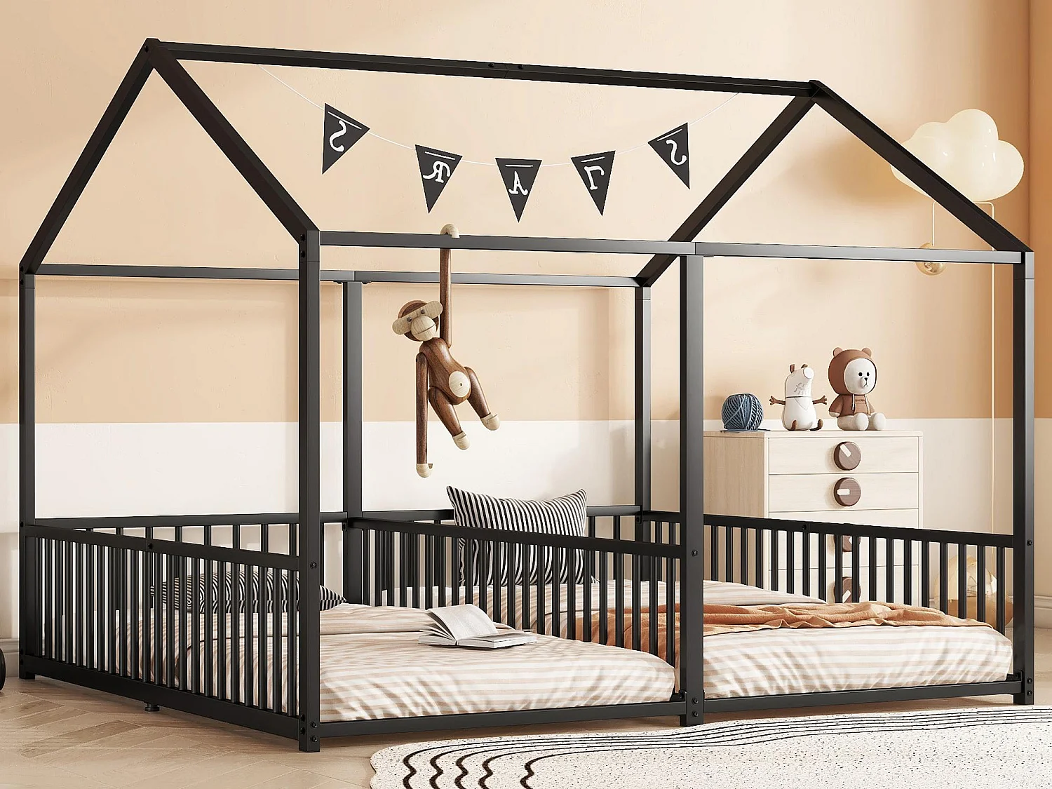 Hochbett aus Eisen 2x90x200cm – mit Dach und Lattenrost – Schwarz