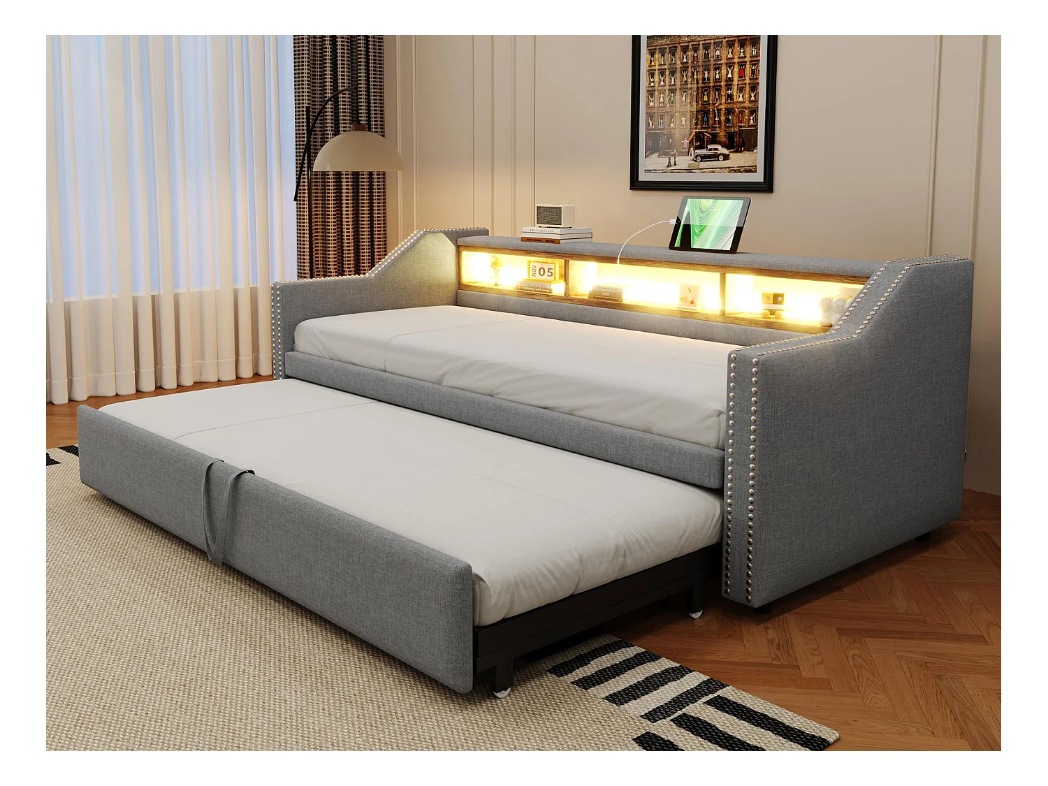 Lit banquette gigogne 90/180x190cm en lin - avec LED & USB - avec sommier à lattes - Gris clair