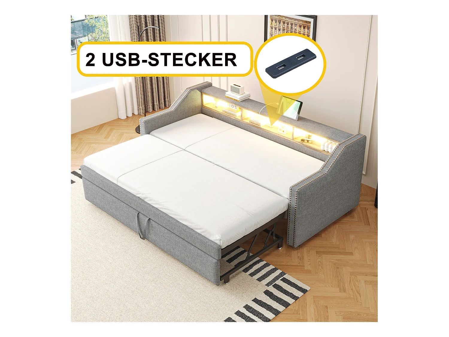 Lit banquette gigogne 90/180x190cm en lin - avec LED & USB - avec sommier à lattes - Gris clair