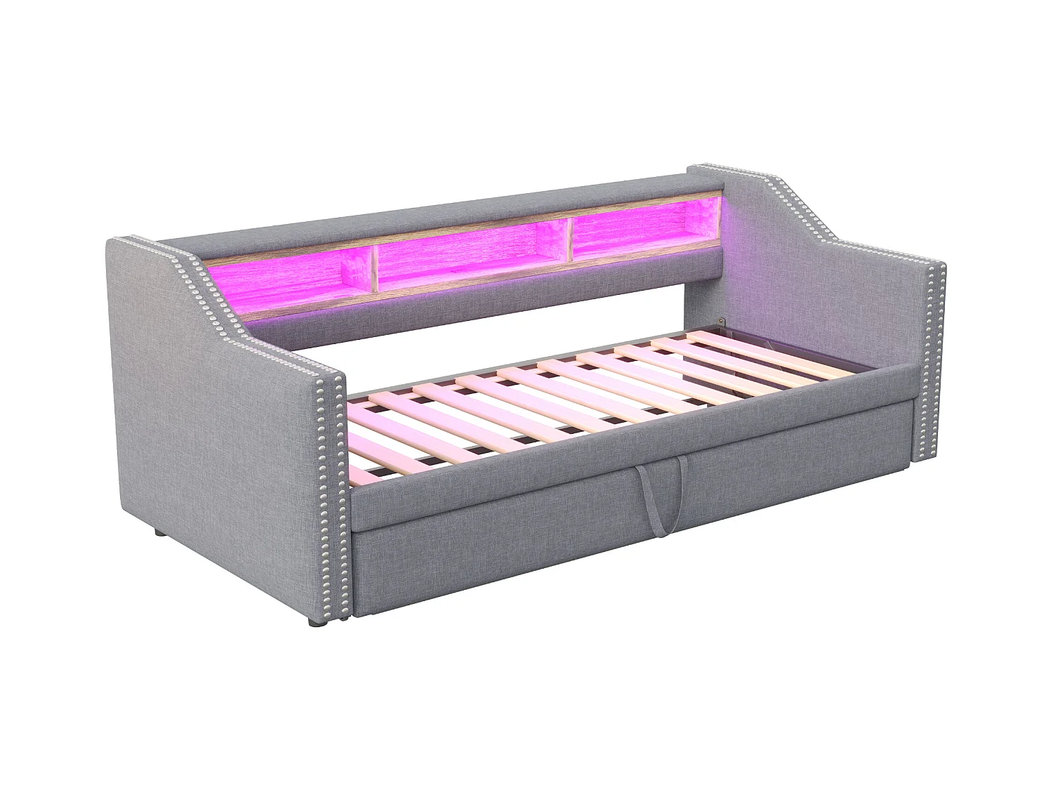 Lit banquette gigogne 90/180x190cm en lin - avec LED & USB - avec sommier à lattes - Gris clair