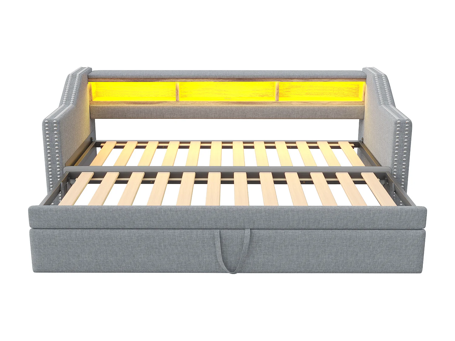 Lit banquette gigogne 90/180x190cm en lin - avec LED & USB - avec sommier à lattes - Gris clair
