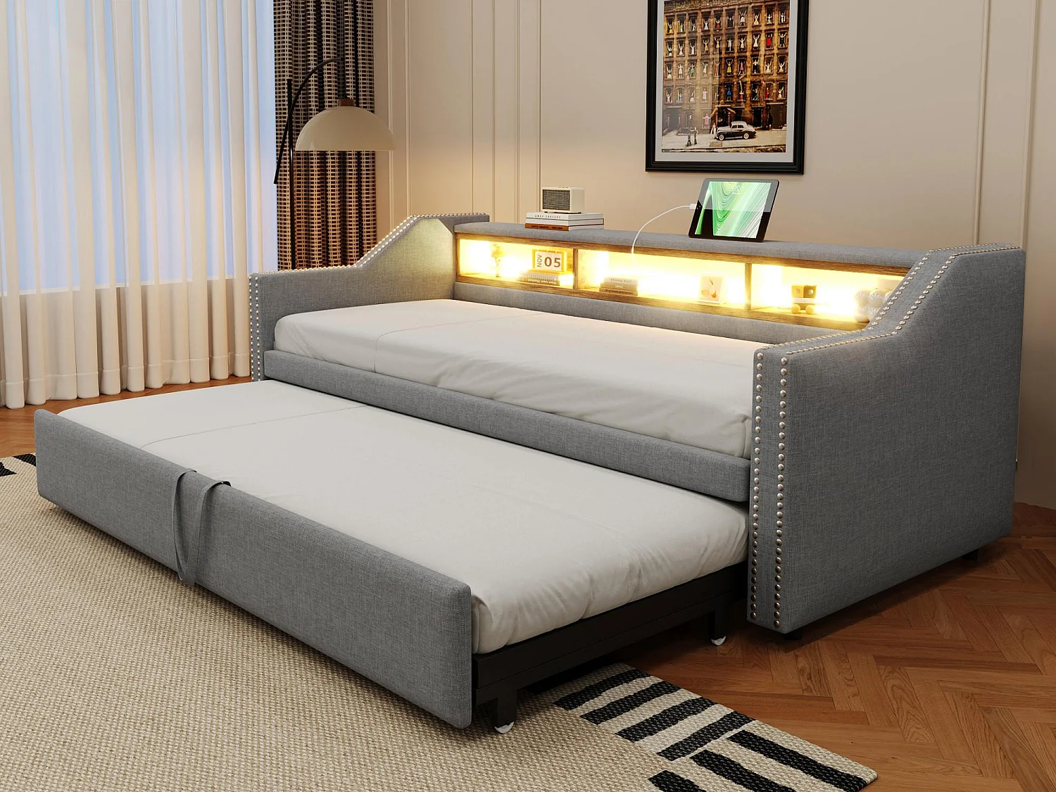 Divano letto estraibile 90/180x190 cm in lino - con LED e USB - con rete a doghe - Grigio chiaro