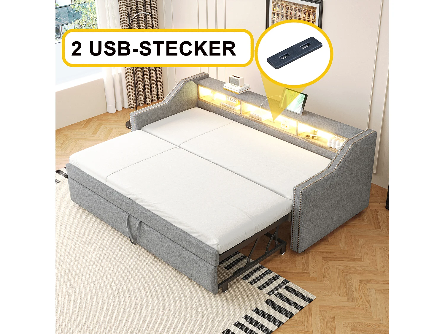 Divano letto estraibile 90/180x190 cm in lino - con LED e USB - con rete a doghe - Grigio chiaro