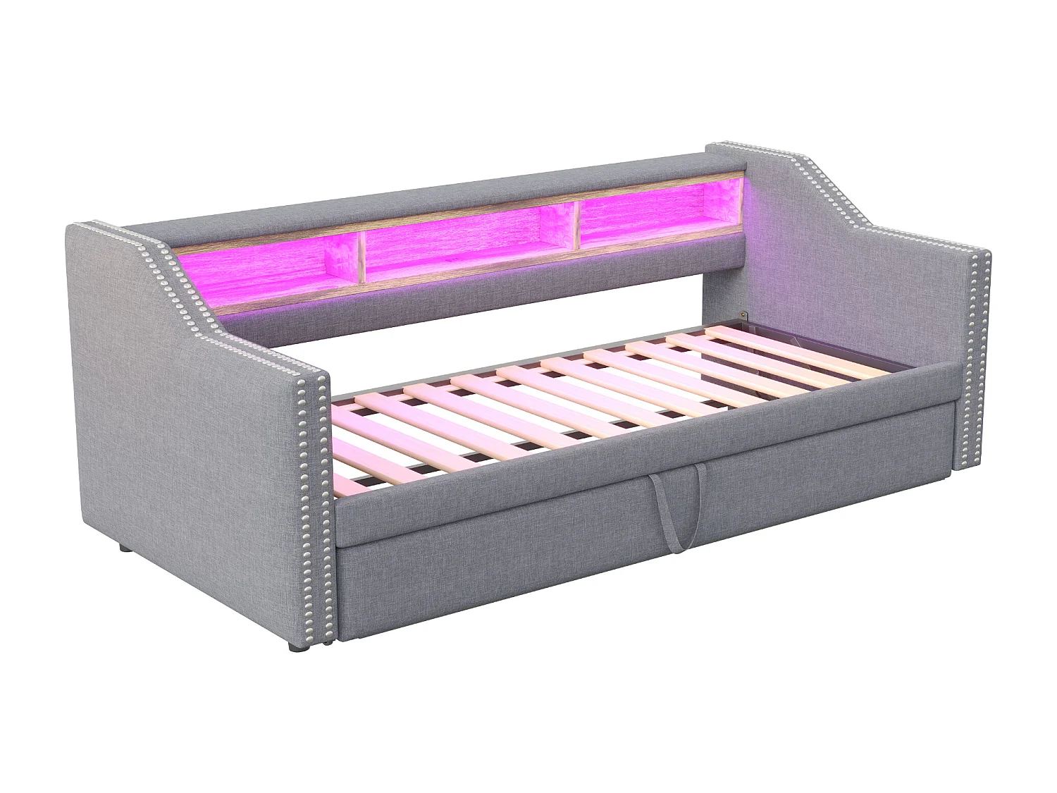 Divano letto estraibile 90/180x190 cm in lino - con LED e USB - con rete a doghe - Grigio chiaro