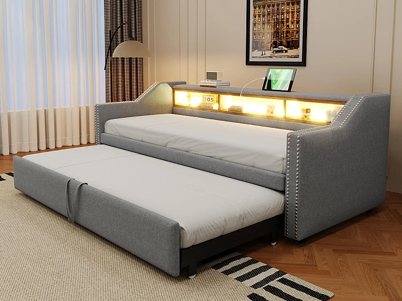 Uittrekbare slaapbank 90/180x190cm in linnen - met LED & USB - met lattenbodem - Lichtgrijs