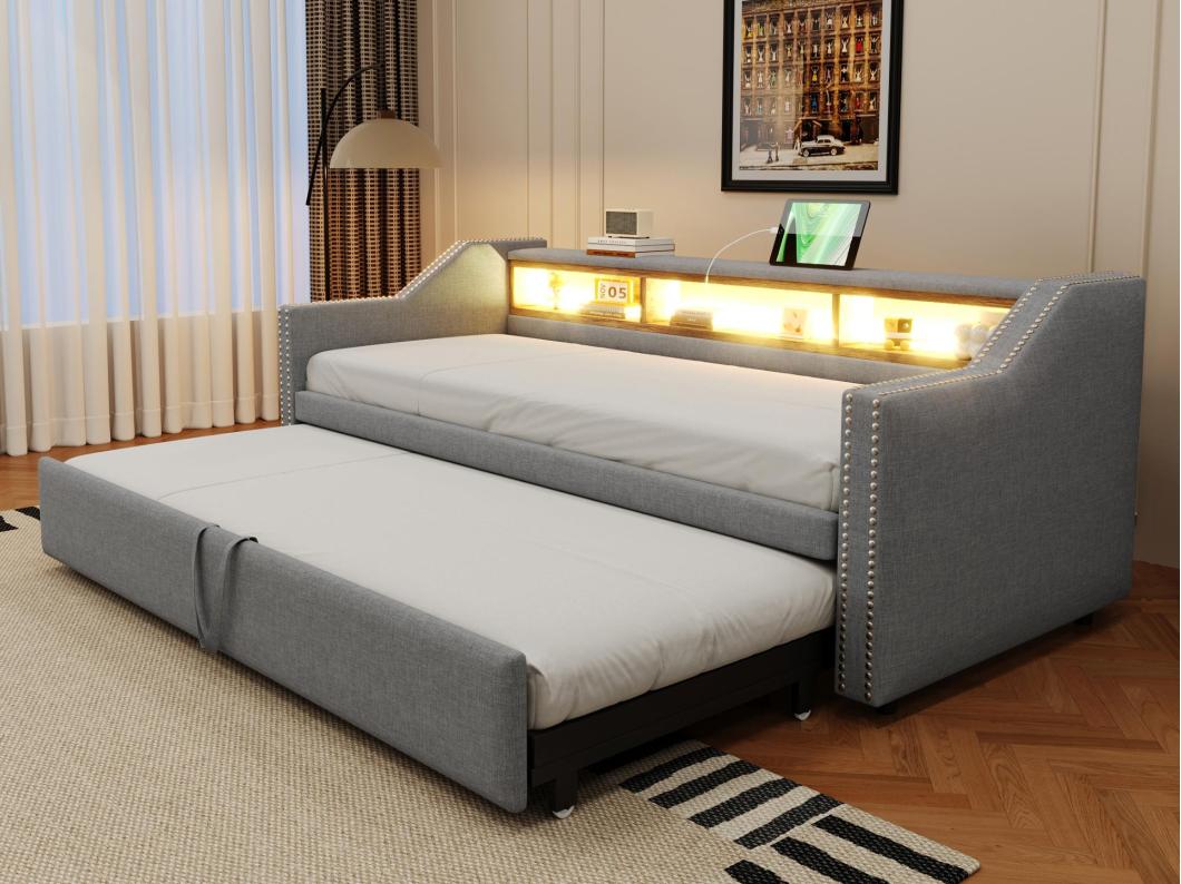 Uittrekbare slaapbank 90/180x190cm in linnen - met LED & USB - met lattenbodem - Lichtgrijs