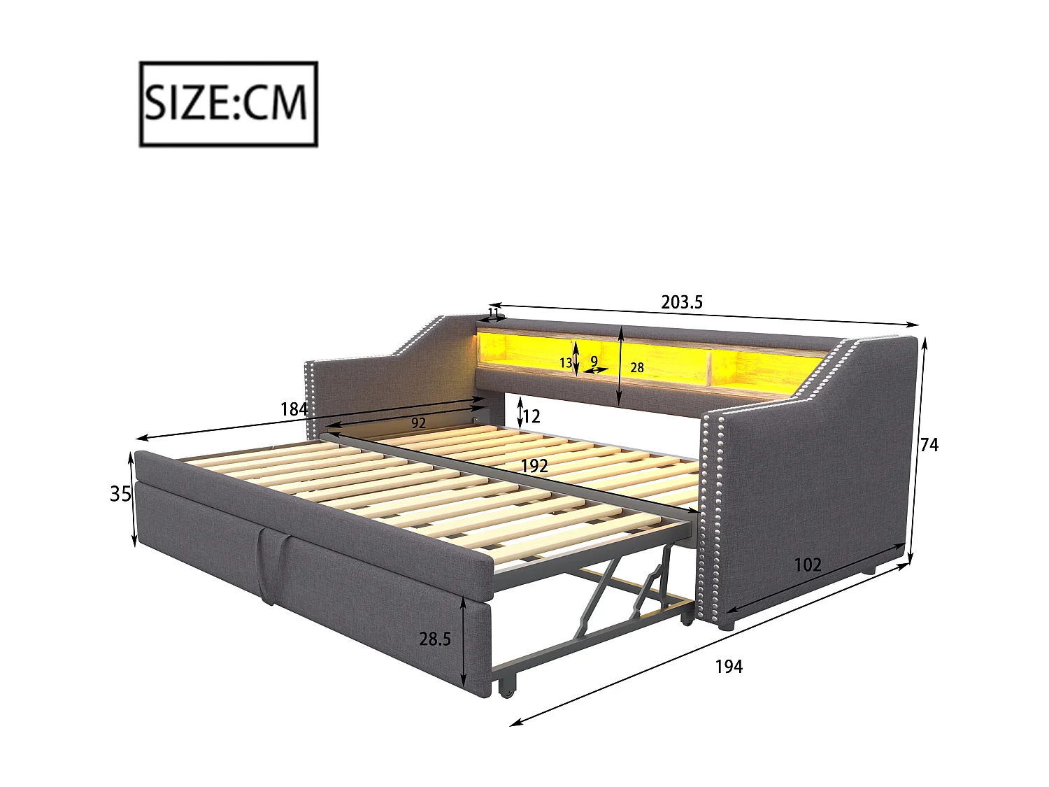 Uitklapbare slaapbank 90/180x190cm in linnen - met LED & USB - met lattenbodem - Grijs