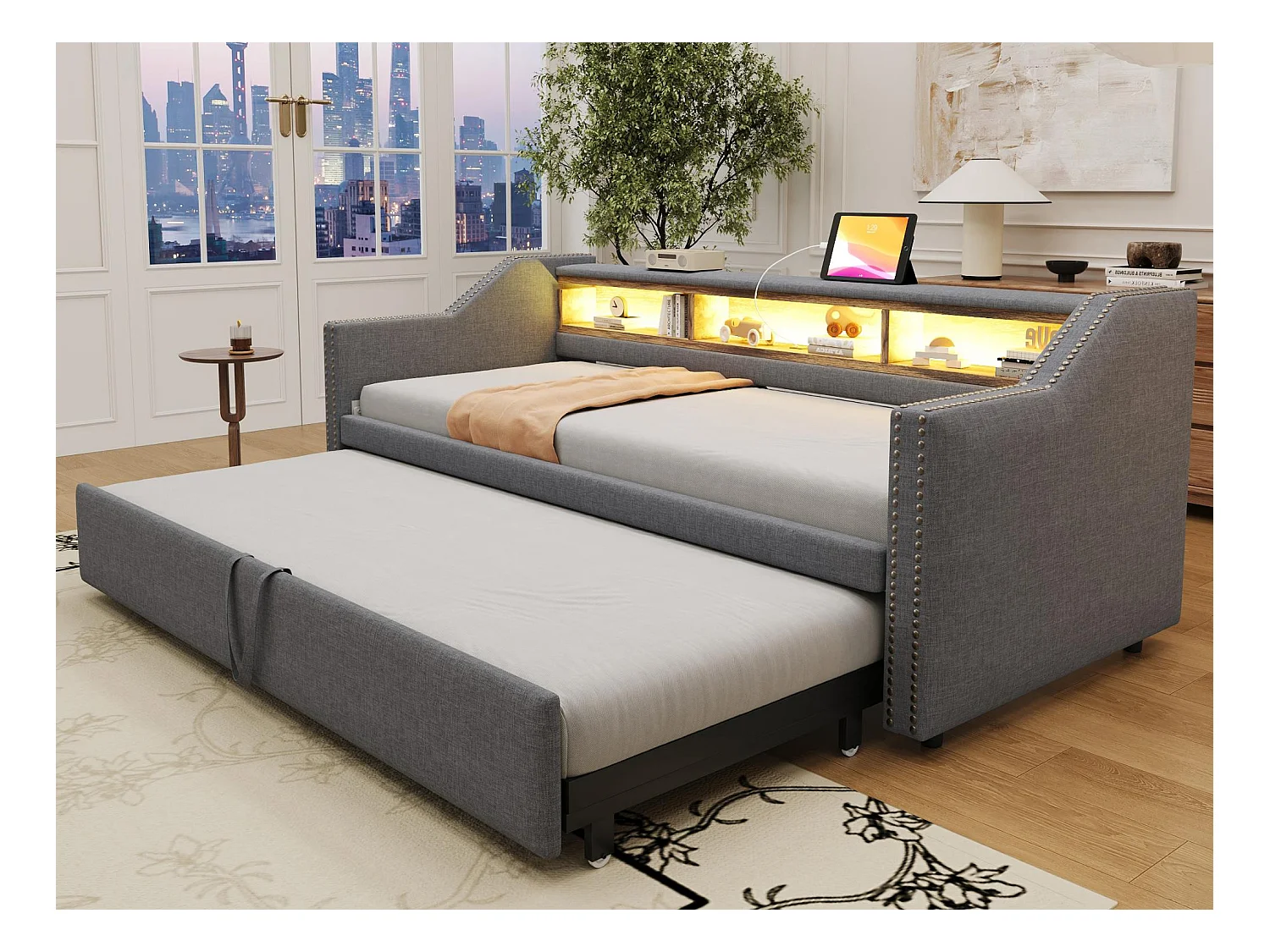 Lit banquette gigogne 90/180x190cm en lin - avec LED & USB - avec sommier à lattes - Gris