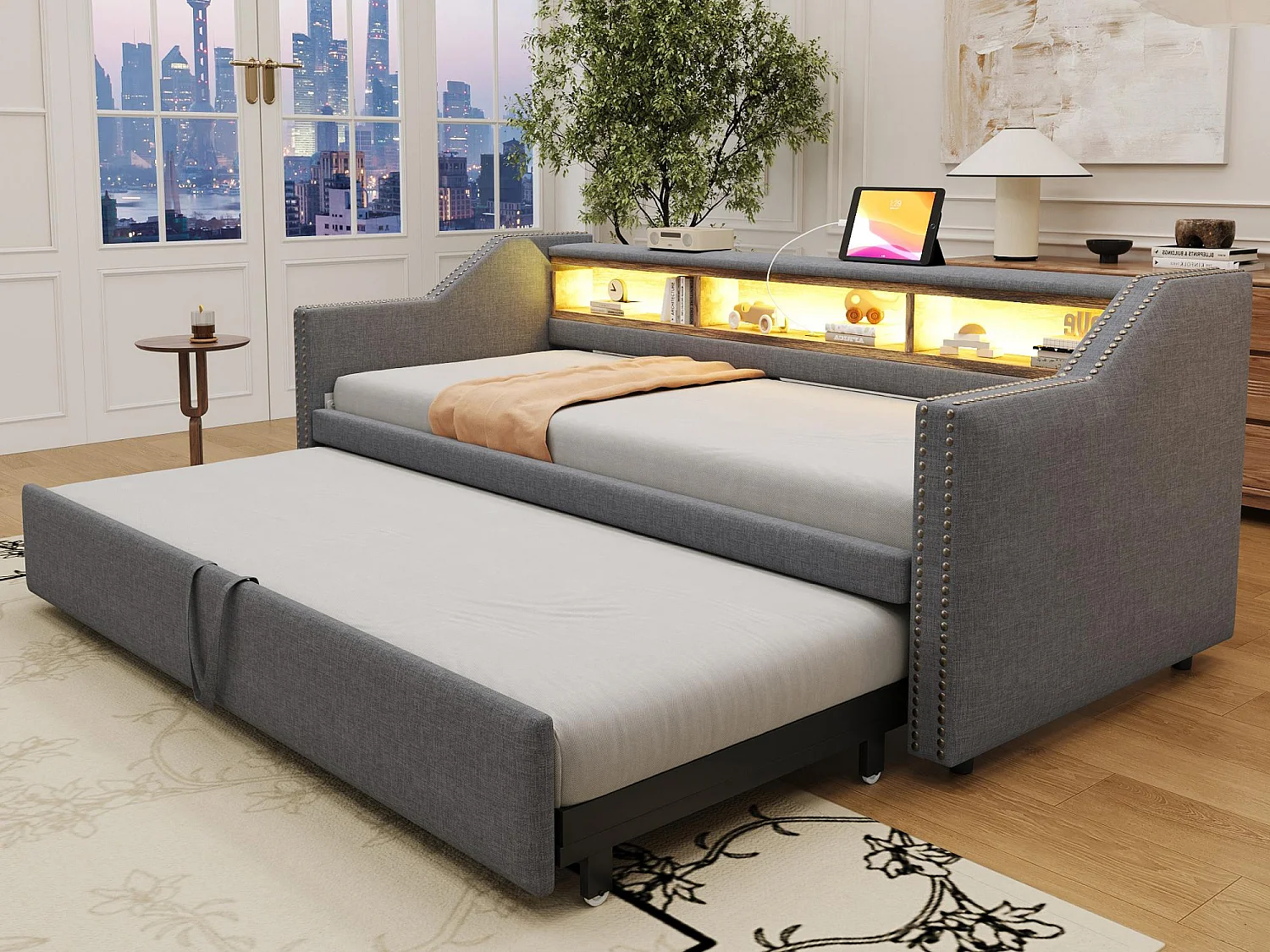 Lit banquette gigogne 90/180x190cm en lin - avec LED & USB - avec sommier à lattes - Gris