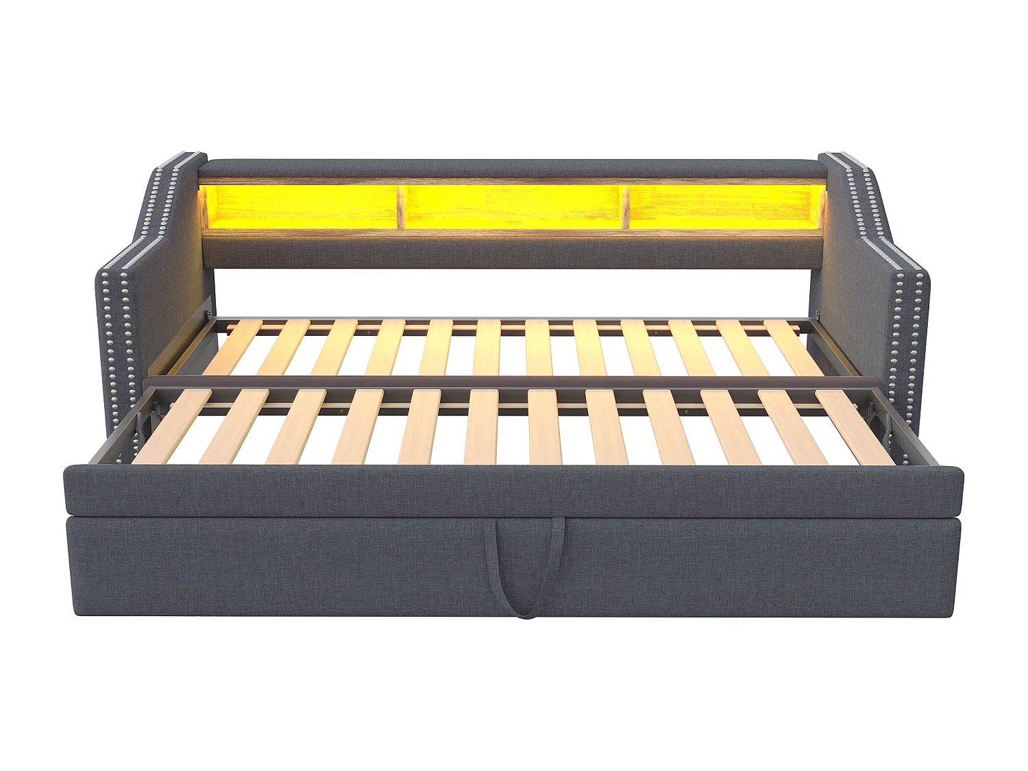 Lit banquette gigogne 90/180x190cm en lin - avec LED & USB - avec sommier à lattes - Gris