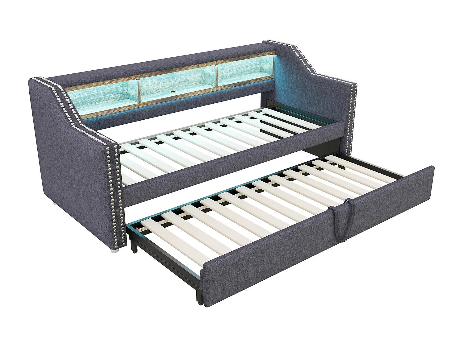 Lit banquette gigogne 90/180x190cm en lin - avec LED & USB - avec sommier à lattes - Gris