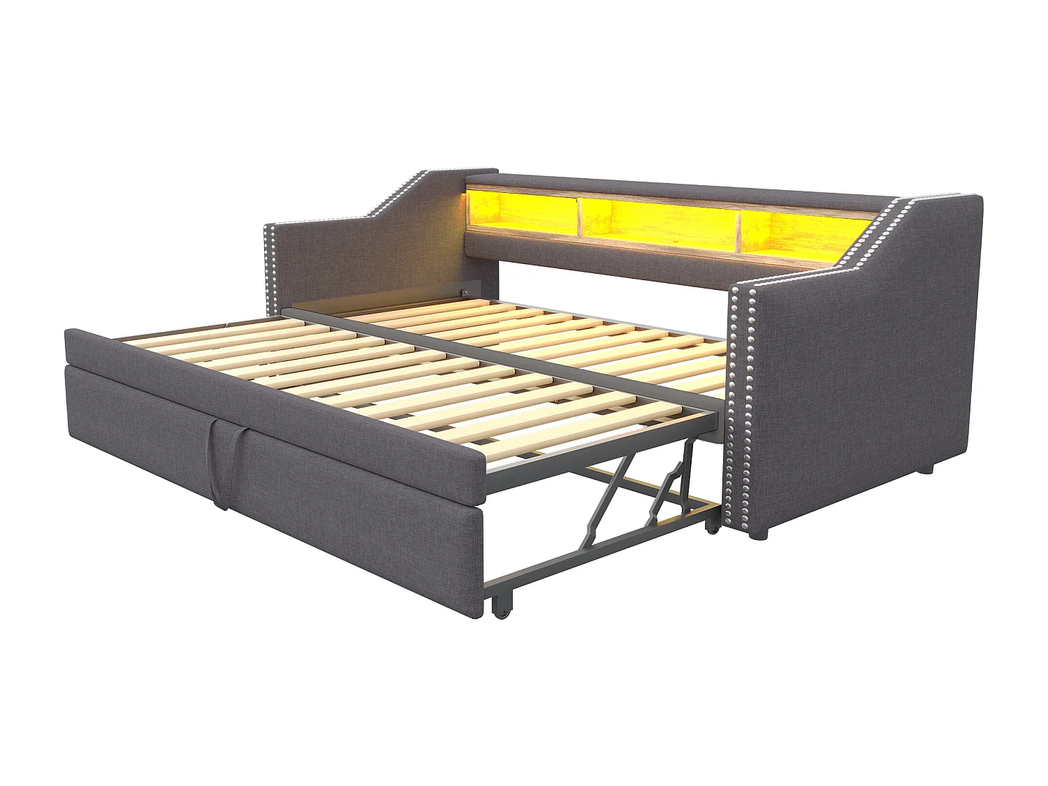 Lit banquette gigogne 90/180x190cm en lin - avec LED & USB - avec sommier à lattes - Gris