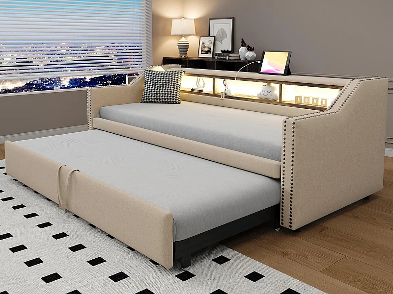 Lit banquette gigogne 90/180x190cm en lin - avec LED & USB - avec sommier à lattes - Beige
