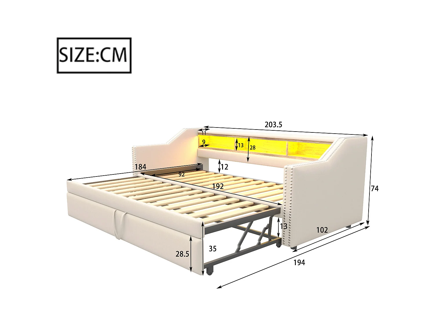Lit banquette gigogne 90/180x190cm en lin - avec LED & USB - avec sommier à lattes - Beige
