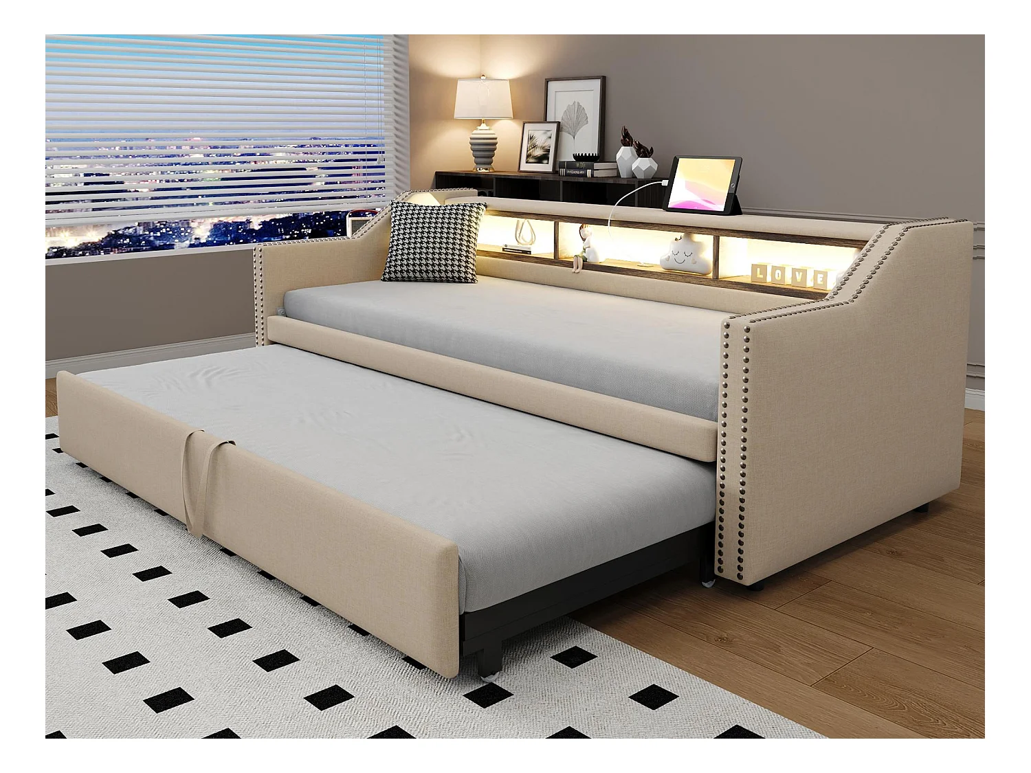 Lit banquette gigogne 90/180x190cm en lin - avec LED & USB - avec sommier à lattes - Beige