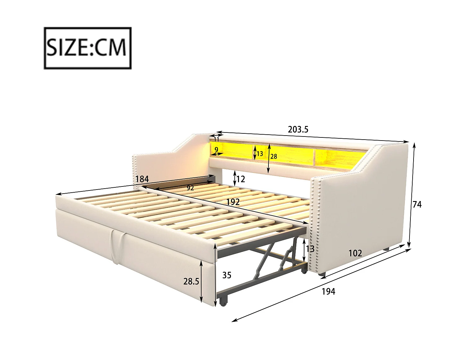 Lit banquette gigogne 90/180x190cm en lin - avec LED & USB - avec sommier à lattes - Beige