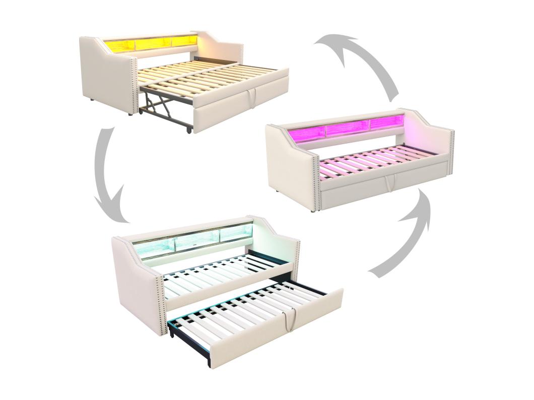 Sofá cama extraíble 90/180x190cm de lino - con LED y USB - con somier - Beige